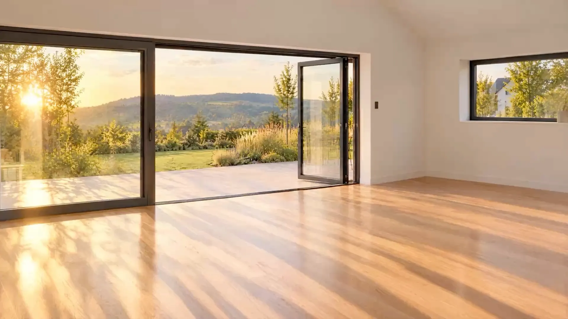 Heller, leerer Wohnraum im Abendlicht mit offener Glasfront zur Terrasse und Blick auf die Hügel der Schwäbischen Alb