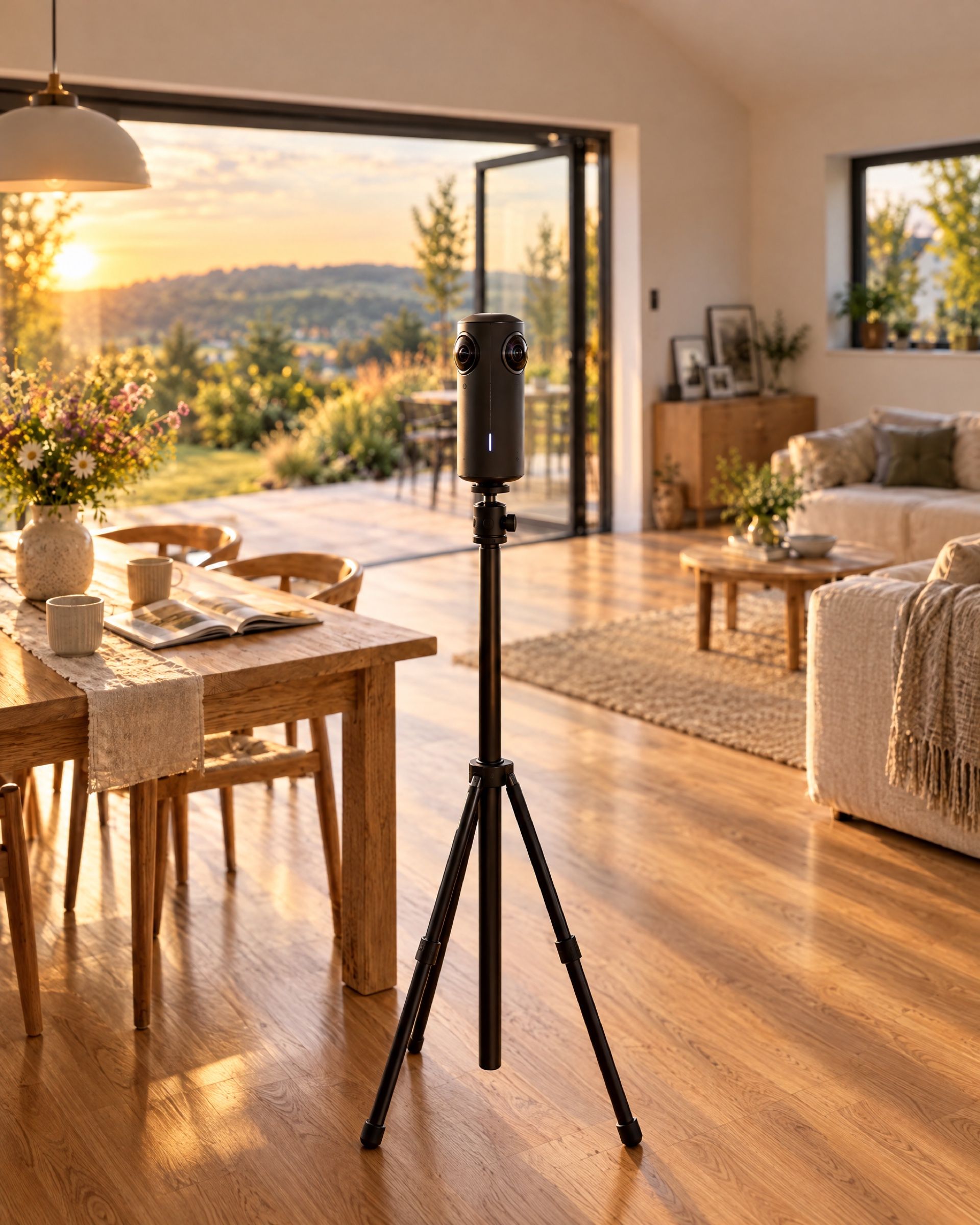 360-Grad-Kamera auf einem Stativ mitten im sonnigen Wohnraum