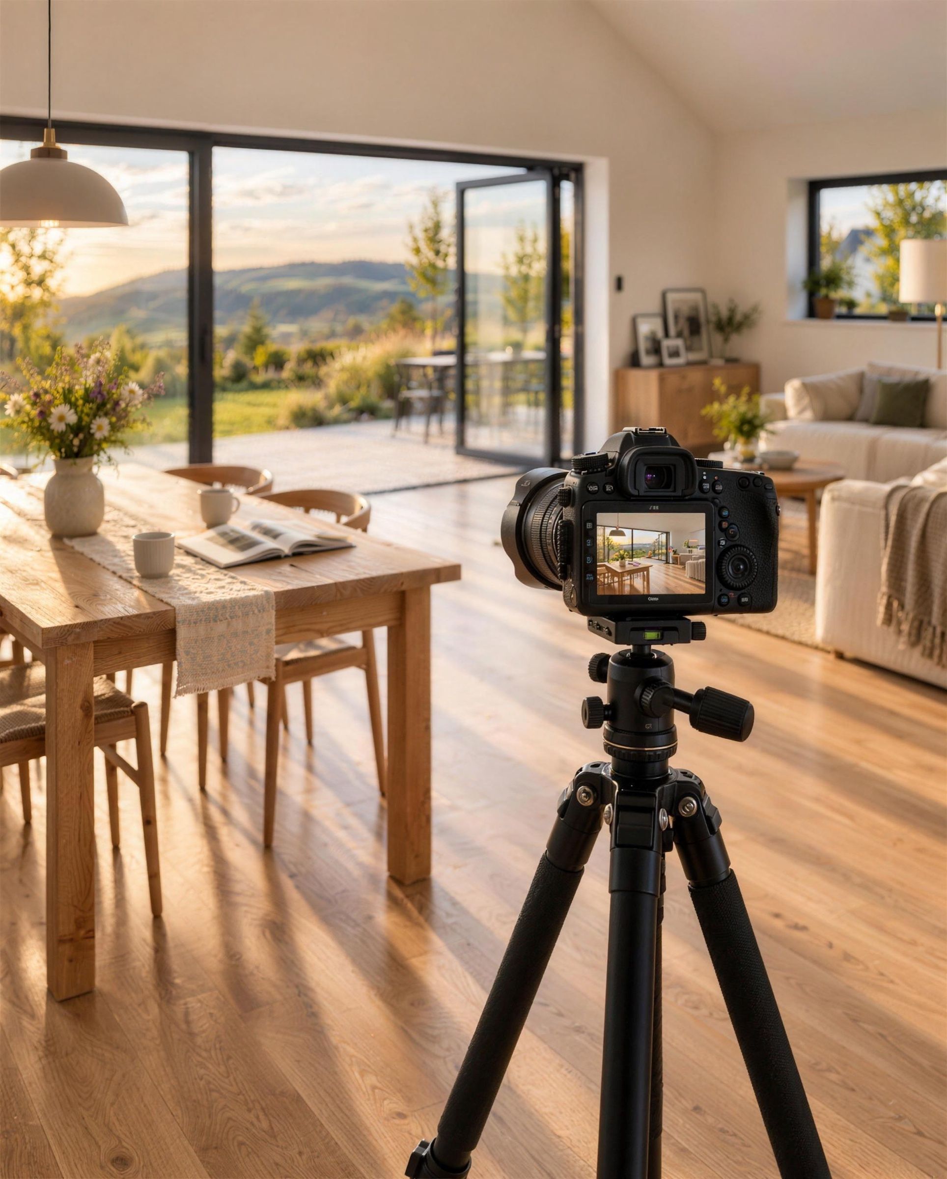 Kamera auf einem Stativ fotografiert den hellen, eingerichteten Wohnraum