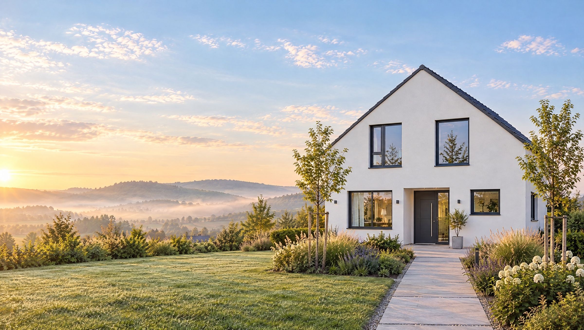 Modernes weißes Einfamilienhaus mit Satteldach und Gartenweg im Morgenlicht, im Hintergrund Nebel über der Alb