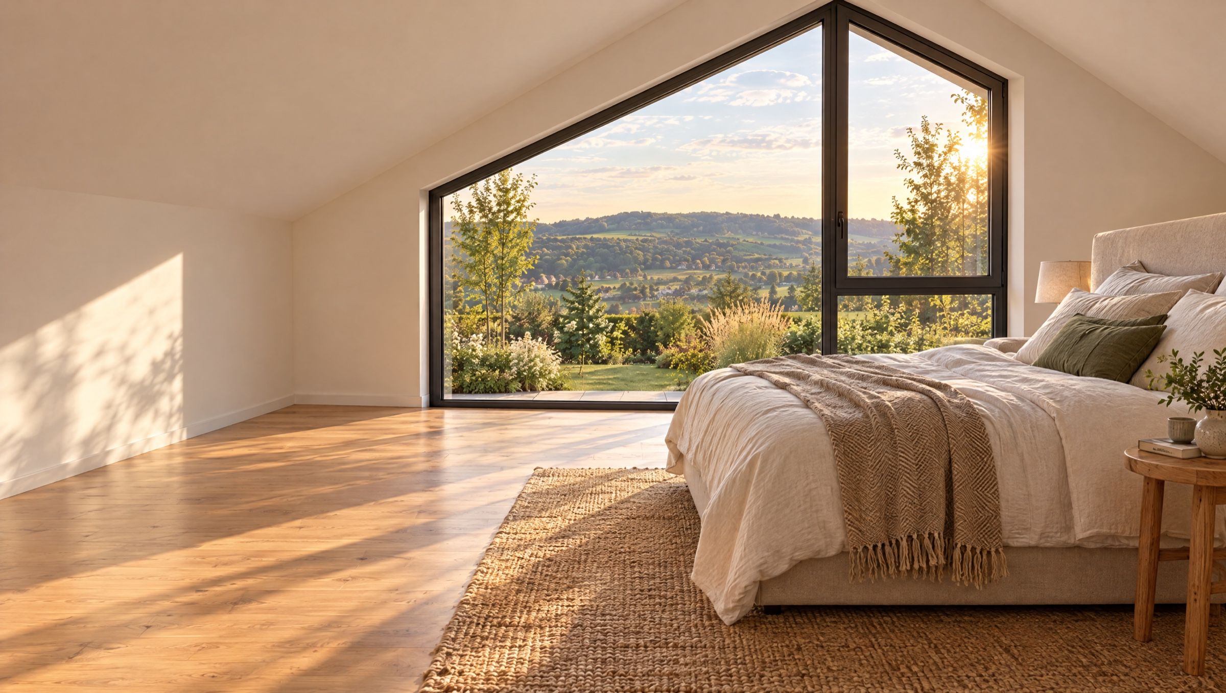 Heller Raum unter dem Satteldach mit großem Fenster und Blick über den Garten ins Tal