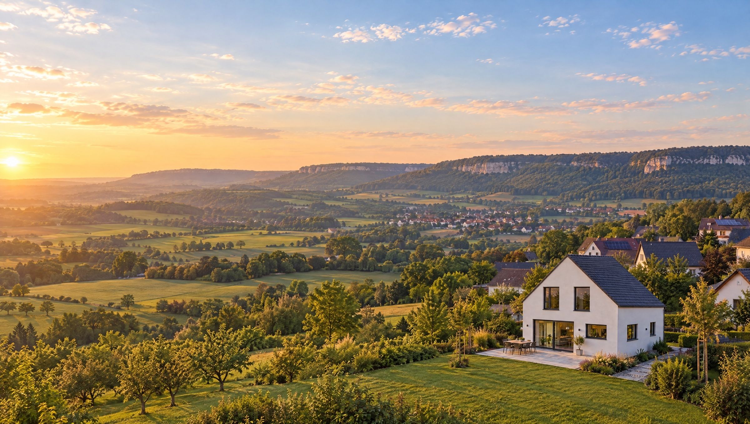Luftbild eines weißen Hauses mit Garten über einem weiten Tal mit Streuobstwiesen und dem Albtrauf im Abendlicht