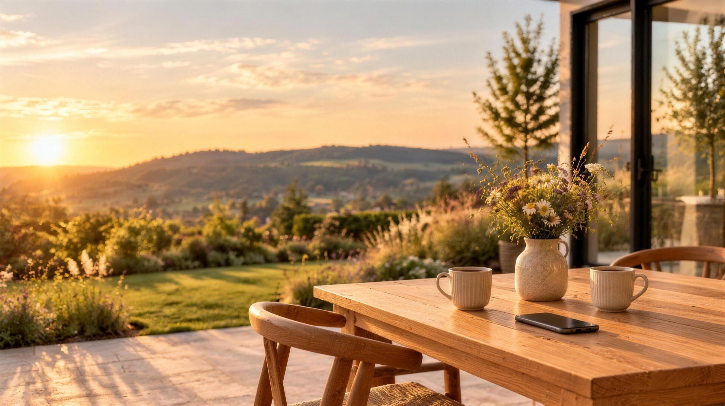 Holztisch mit zwei Kaffeetassen und Wiesenblumen auf der Terrasse, dahinter der Blick über den Garten auf die Hügel der Alb im Abendlicht
