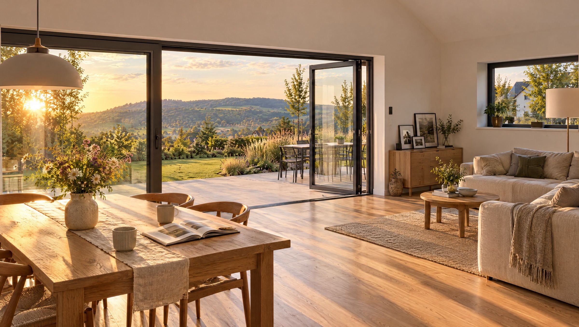 Sonniger Wohn- und Essbereich mit Eichentisch, Blumen und offener Glasfront zur Terrasse
